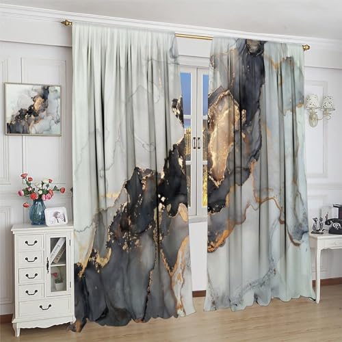 Navy Blue Gold Geometric Marble Curtains, 42x45 Inches Set 2 Panels H96711