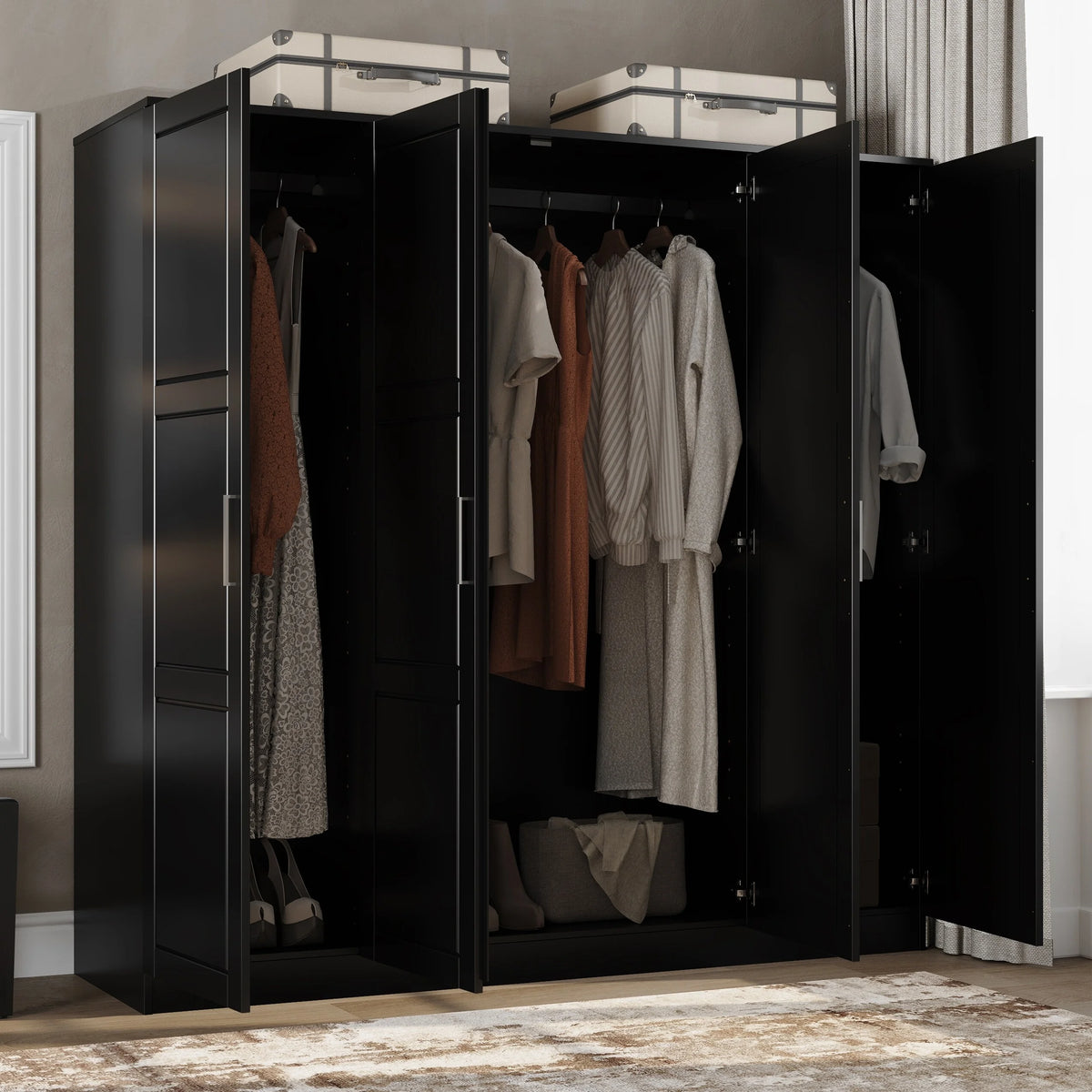 100% Solid Wood 4-Door Wardrobe Black U654463