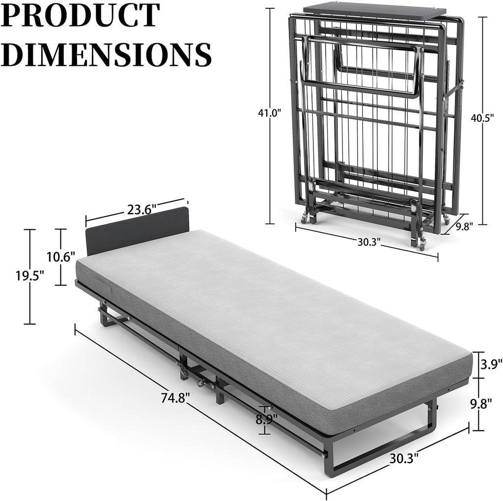 Folding Bed with 4-Inch Mattress, Metal Cot Size Rollaway Bed on Wheels V974384