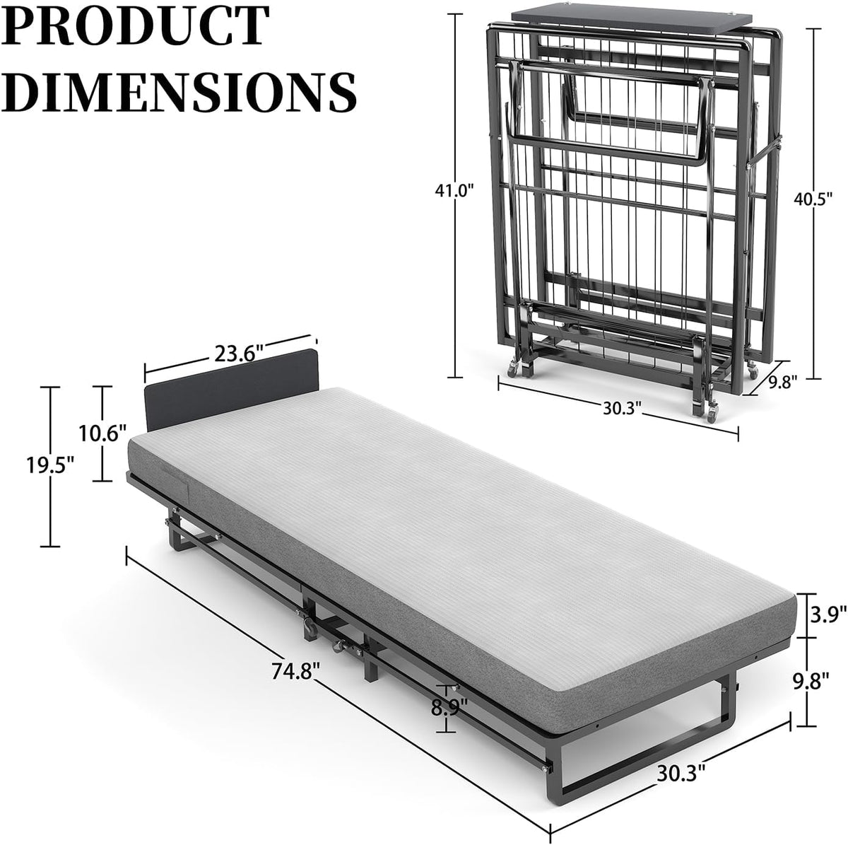 Folding Bed with 4-Inch Mattress, Metal Cot Size Rollaway Bed on Wheels V974384
