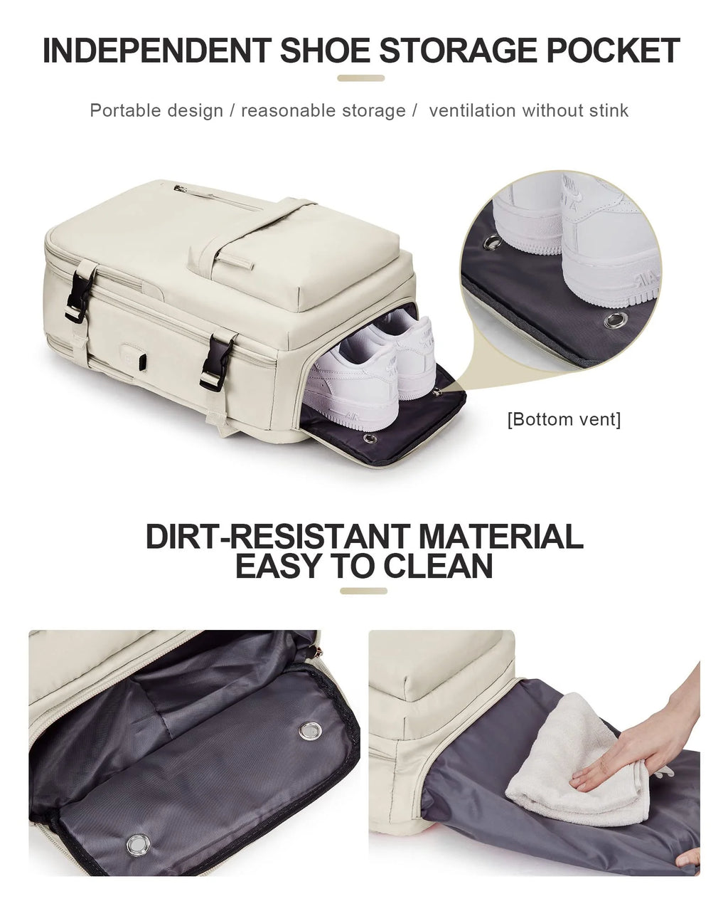 Beige Waterproof 14 Inch Laptop Travel Backpack with Shoe Compartment X370