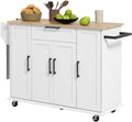 White Rolling Kitchen Island with Solid Wood Drop Leaf U50039