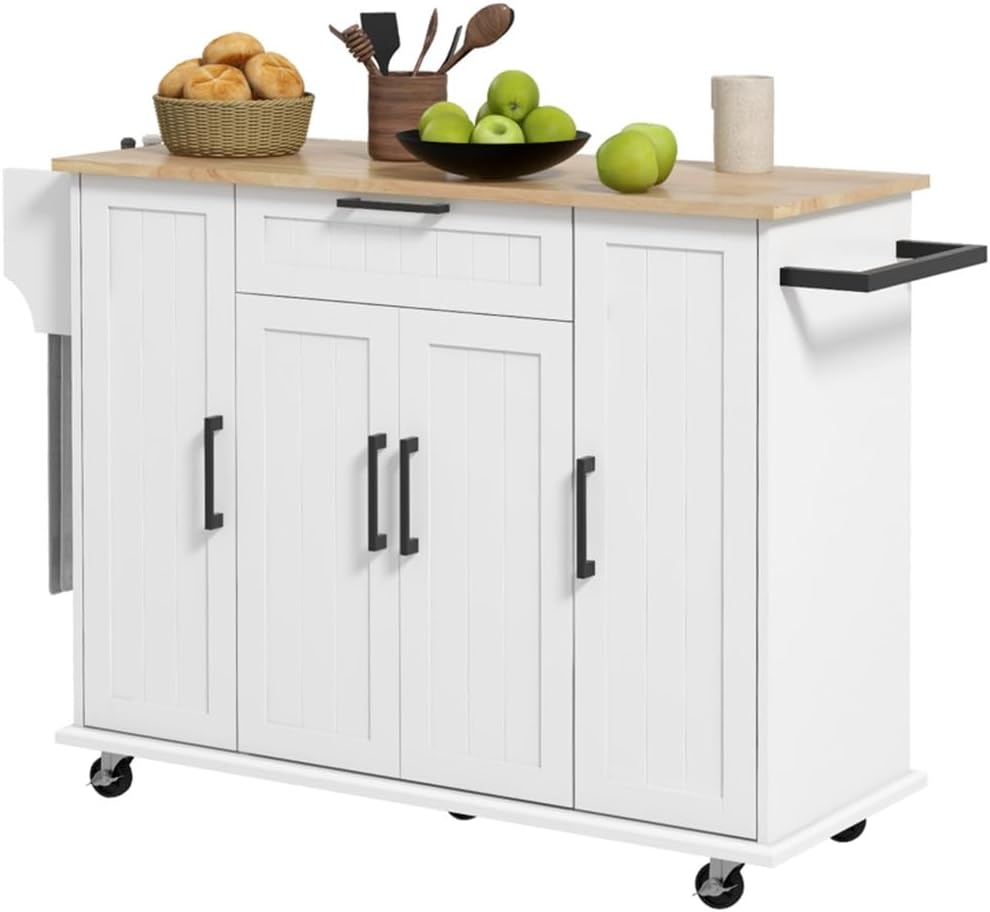 White Rolling Kitchen Island with Solid Wood Drop Leaf U50039