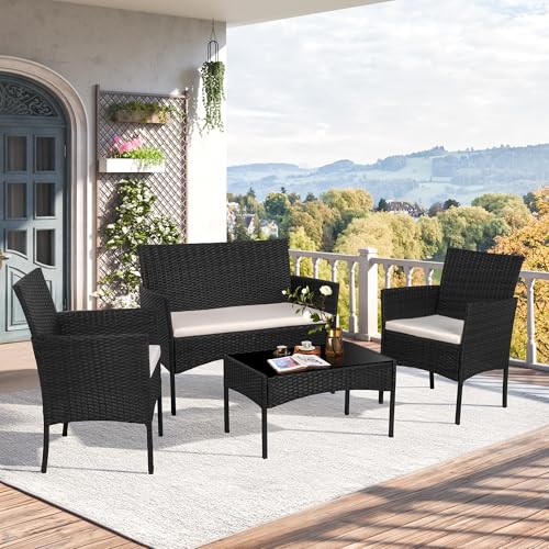 4 Piece Wicker Patio Conversation Furniture Set with Tempered Glass Coffee Table Y143895