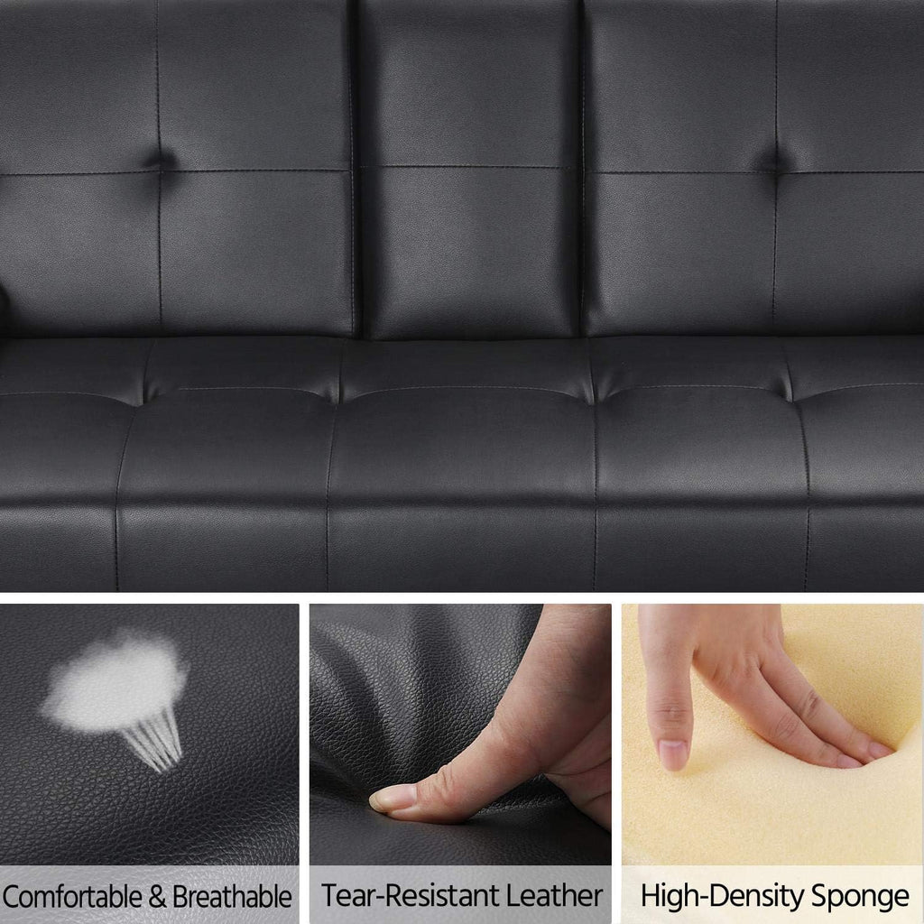 Black Faux Leather Futon Set Convertible Sleeper Loveseat Daybed I285963