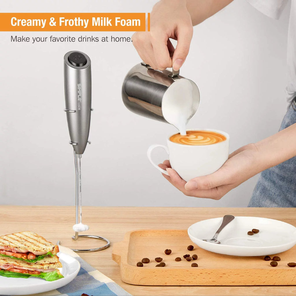 Handheld Battery Operated Milk Frother with Stainless Steel Whisk and Stand T197