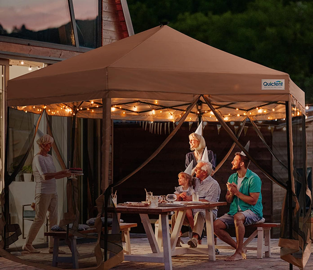Beige Hexagonal Pop up Gazebo Tent with Mosquito Netting and LED Lights K82361