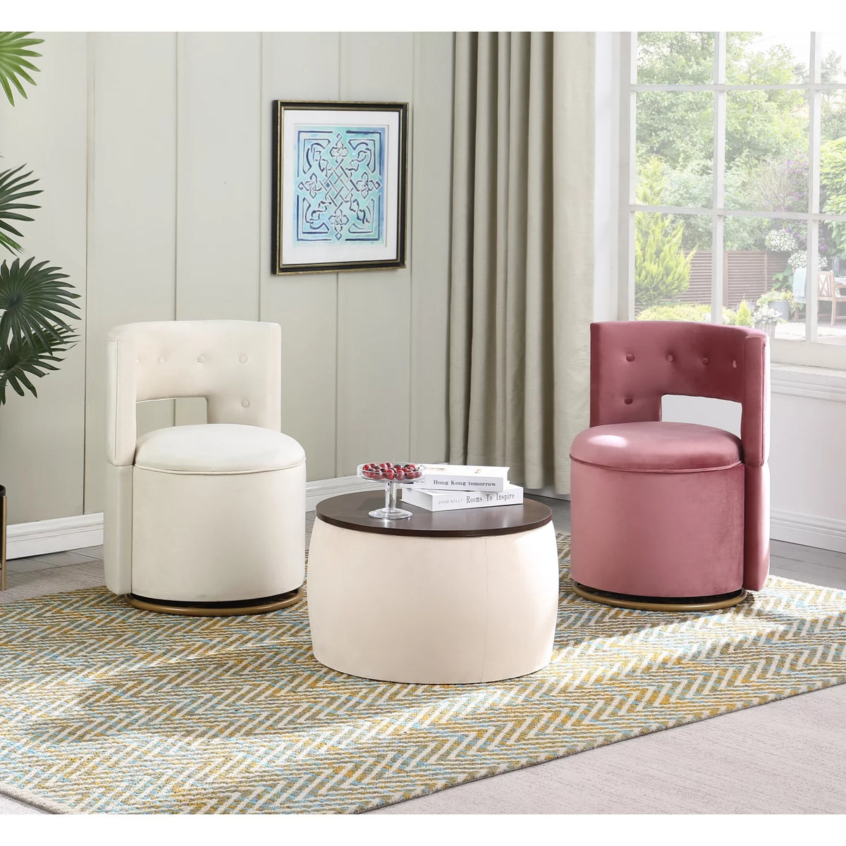 Modern Round Coffee Table and Ottoman Set with Storage O4847