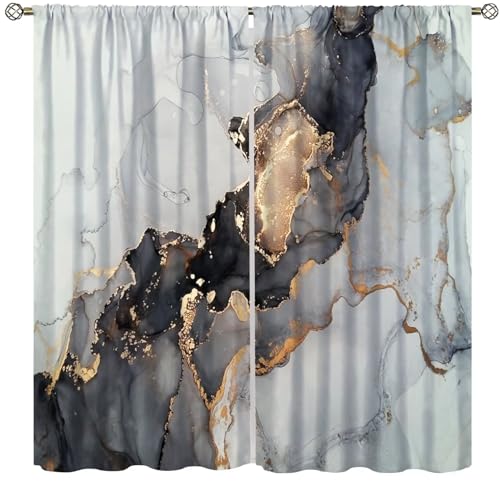 Navy Blue Gold Geometric Marble Curtains, 42x45 Inches Set 2 Panels H96711
