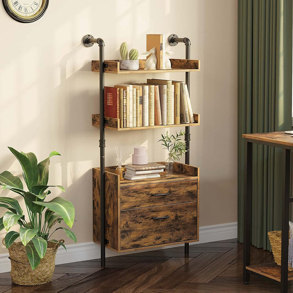 Industrial Bookshelf with 2 Wood Drawers, 4-Tier, Rustic Brown P198