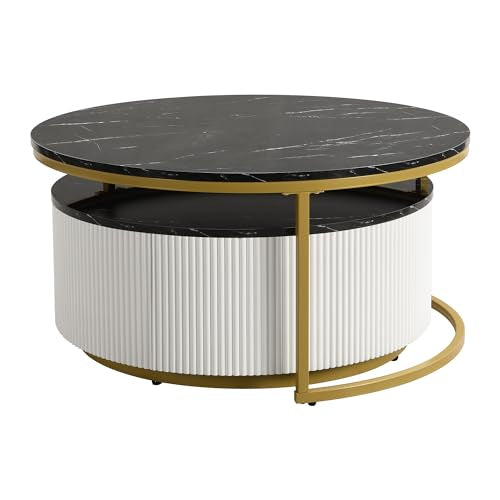 Round Nesting Coffee Table Set of 2 with Storage Drawer White R252238
