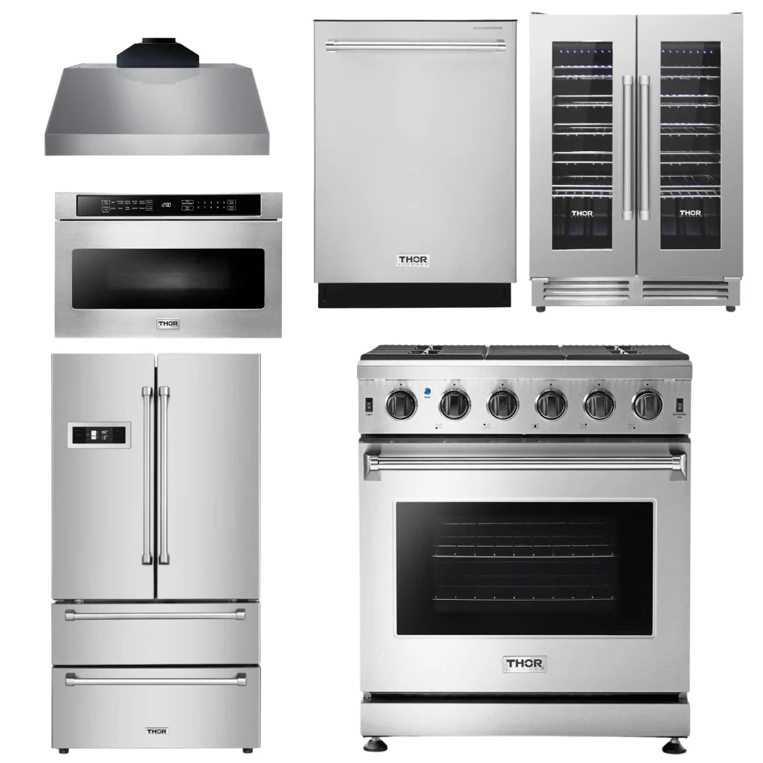 30 Propane Gas Range, Range Hood, Microwave, Refrigerator, Dishwasher, Wine Cooler B717