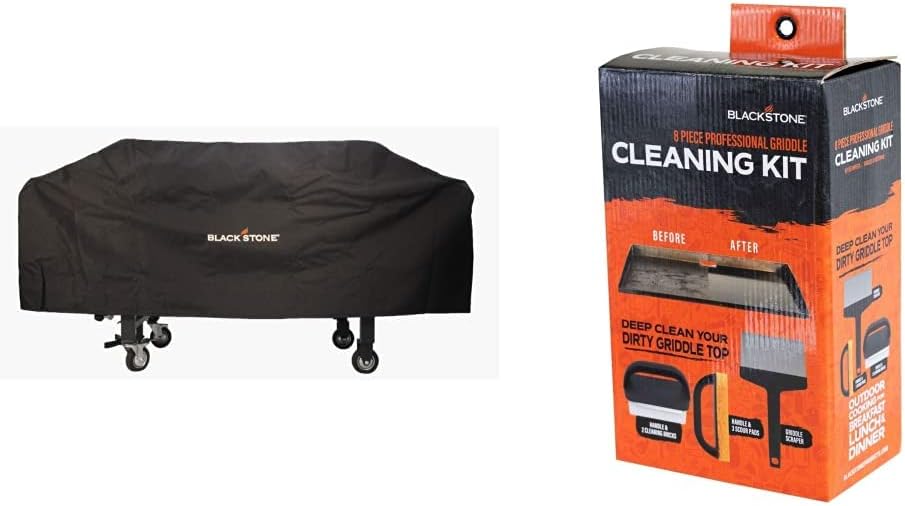 Blackstone 600D Polyester Heavy Duty Flat Top Gas Grill Cover, Black & 8 Pieces Flat Top Grill Accessories Cleaner Tool Set, Black Pack of 2 V24432