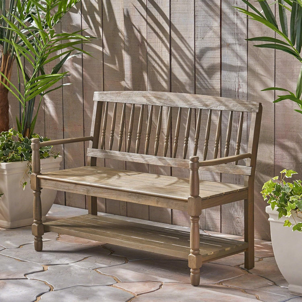 Acacia Wood Outdoor Bench with Shelf O195386