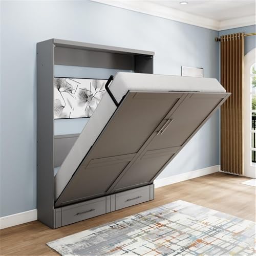 Queen Size Gray Solid Wood Murphy Wall Bed U8139