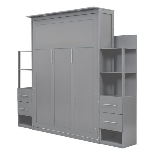 Gray Queen Size Wood Wall Bed with Shelves and Drawers T18941
