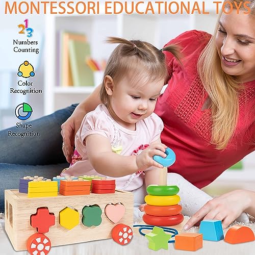 Wooden Blocks Shape Sorter Stacking Rings Baby Color Sorting Toys X4399