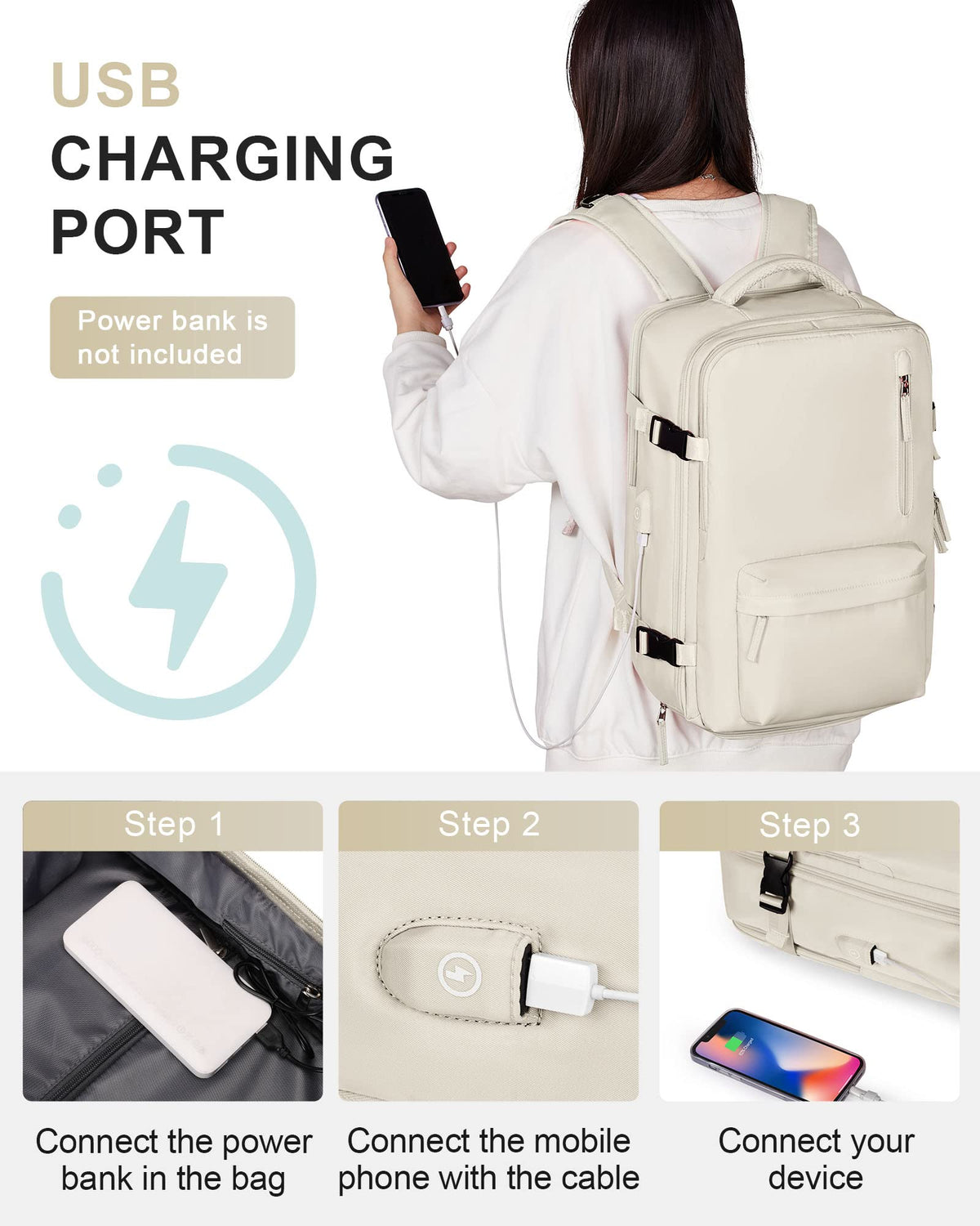 Beige Waterproof 14 Inch Laptop Travel Backpack with Shoe Compartment X370