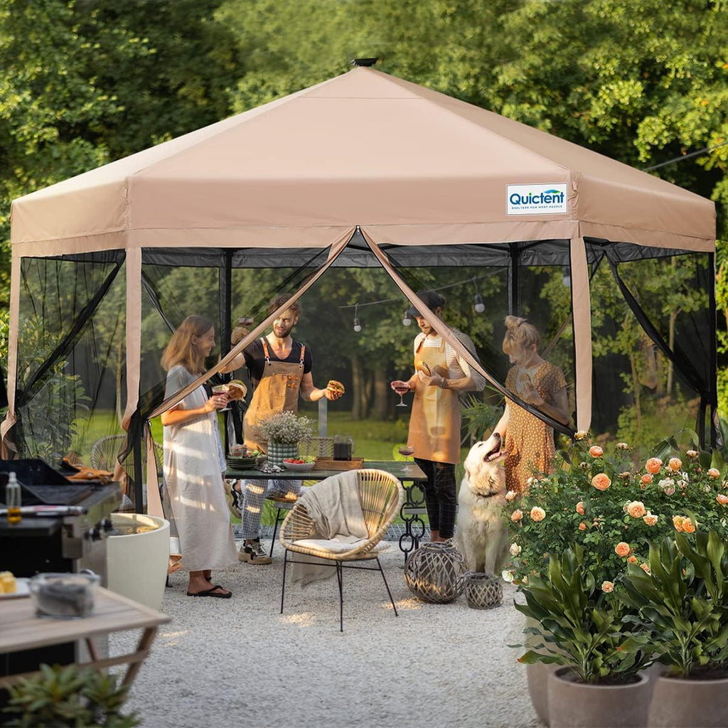 Beige Hexagonal Pop up Gazebo Tent with Mosquito Netting and LED Lights K82361