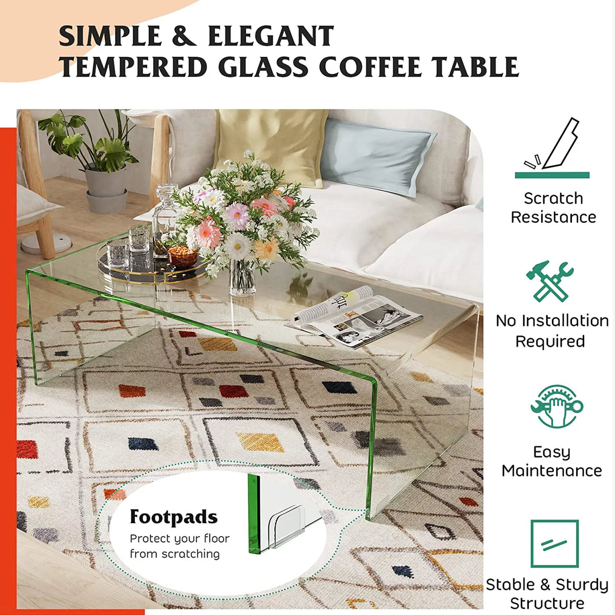Glass Coffee Table with Smooth Round Edges N50178