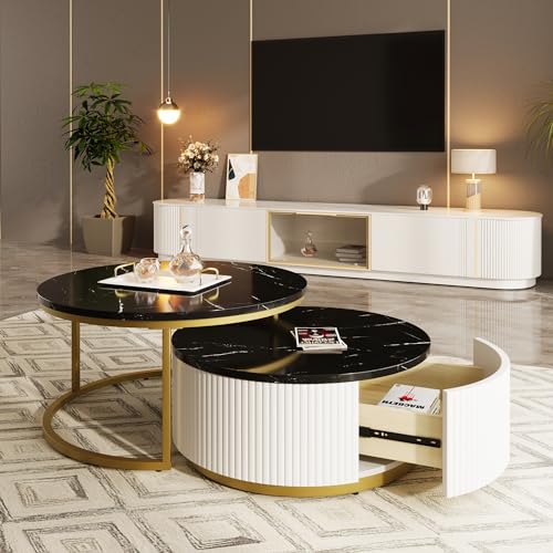 Round Nesting Coffee Table Set of 2 with Storage Drawer White R252238