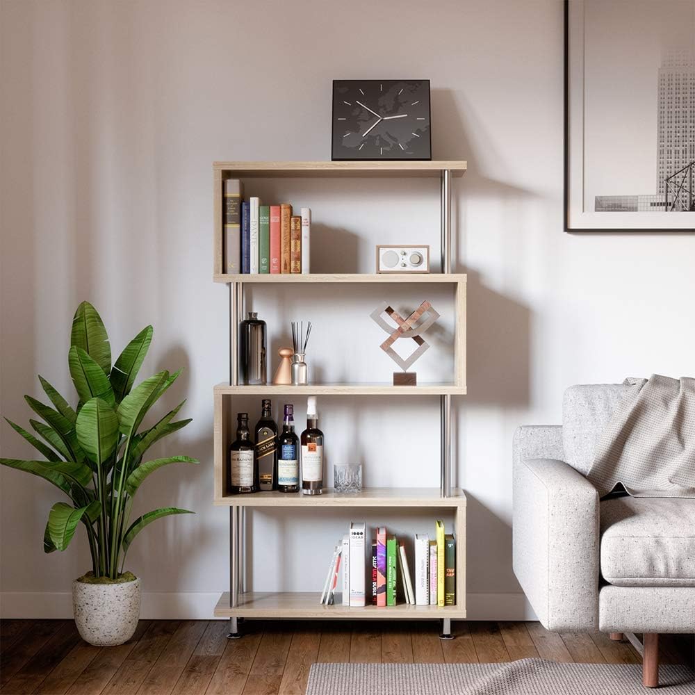 5 Shelf Geometric Bookcase with Metal Frame, Oak L1767