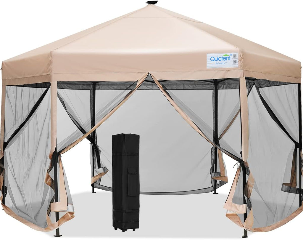Beige Hexagonal Pop up Gazebo Tent with Mosquito Netting and LED Lights K82361