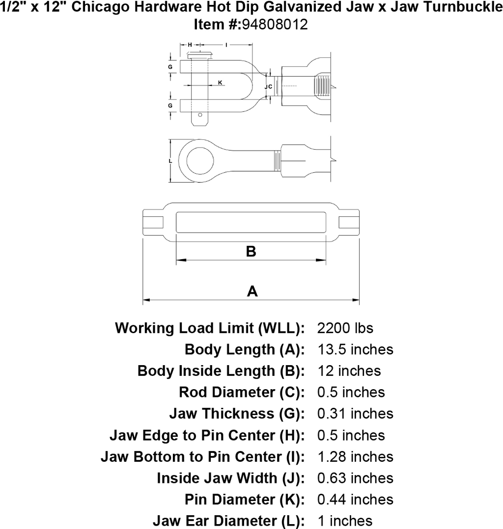 1/2 x 12 Hot Dip Galvanized Jaw x Jaw Turnbuckle C180