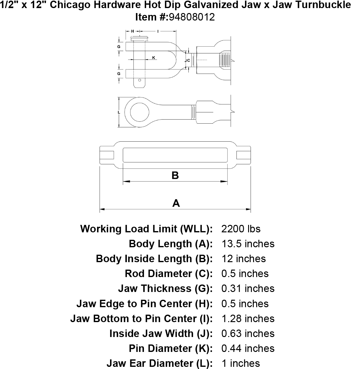 1/2 x 12 Hot Dip Galvanized Jaw x Jaw Turnbuckle C180