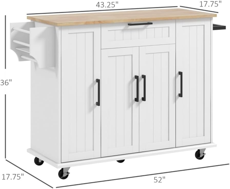 White Rolling Kitchen Island with Solid Wood Drop Leaf U50039