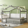 Full Size Wood Floor Bed Frame with Fence Guardrails and House Roof W677438