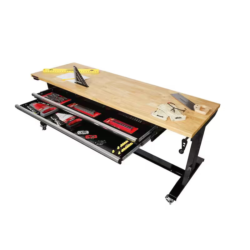 Adjustable Height Workbench Table with 2 Drawers in Black S410257