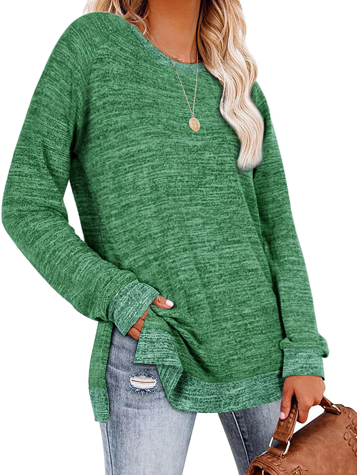 Green Long Sleeve Color Block Tunic Tops O609561