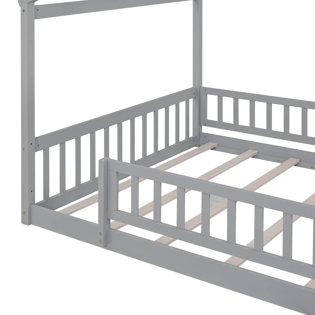 Full Size Wood Floor Bed Frame with Fence Guardrails and House Roof W677438