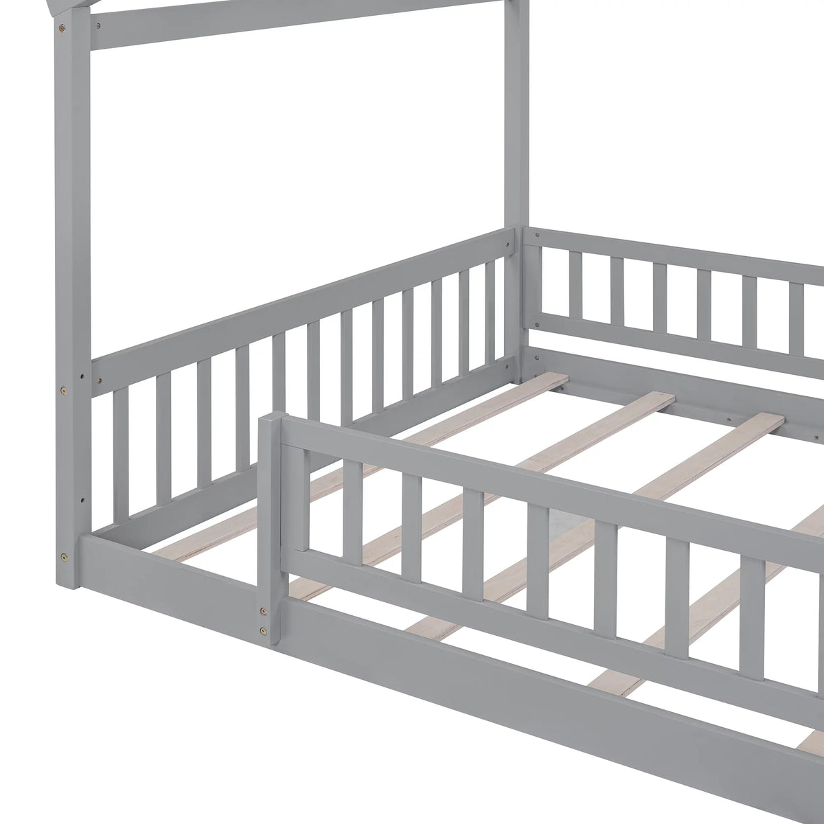 Full Size Wood Floor Bed Frame with Fence Guardrails and House Roof W677438