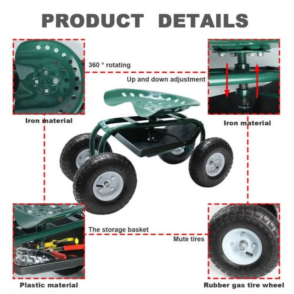 Green Metal Rolling Garden Seat Cart with 4 Wheels P541