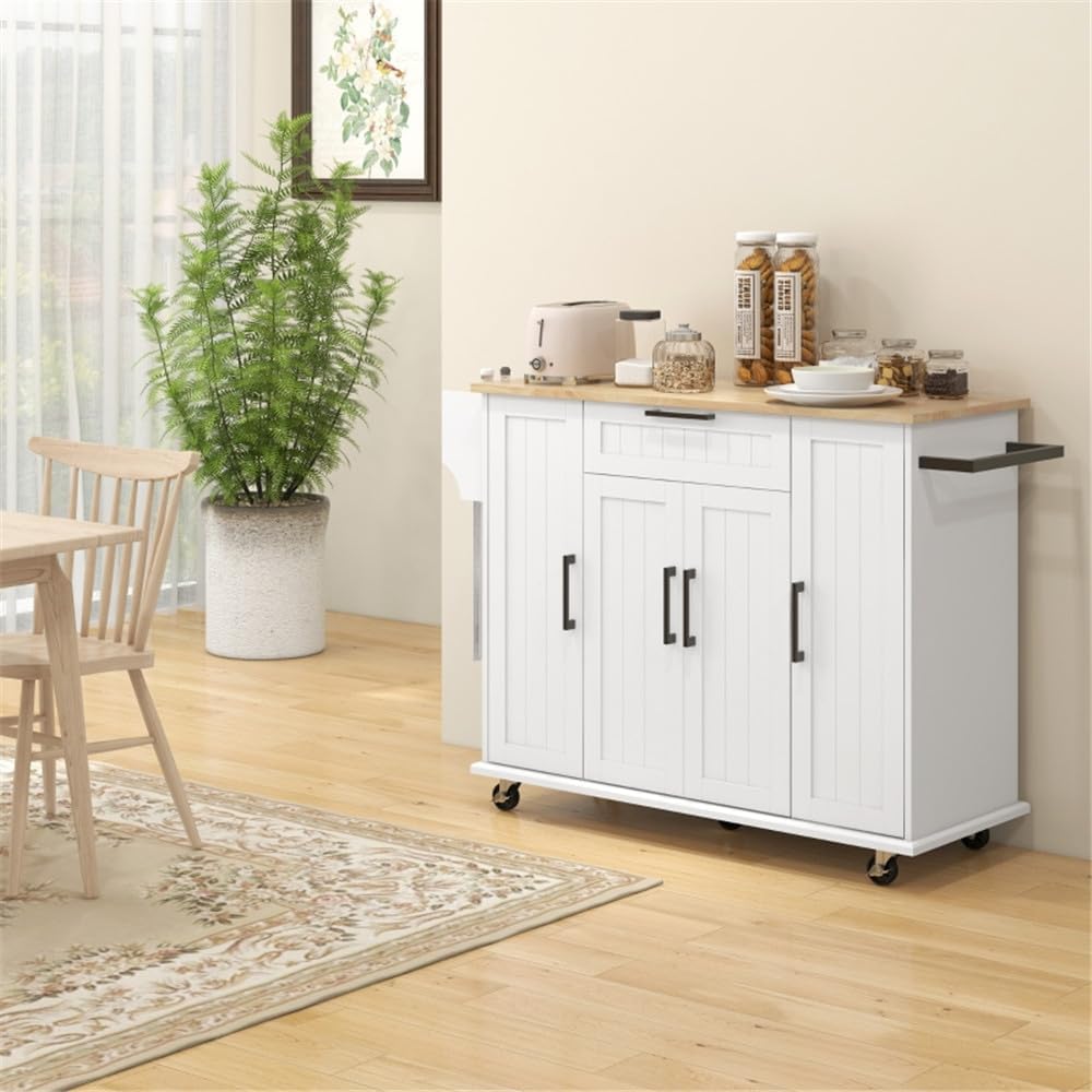 White Rolling Kitchen Island with Solid Wood Drop Leaf U50039