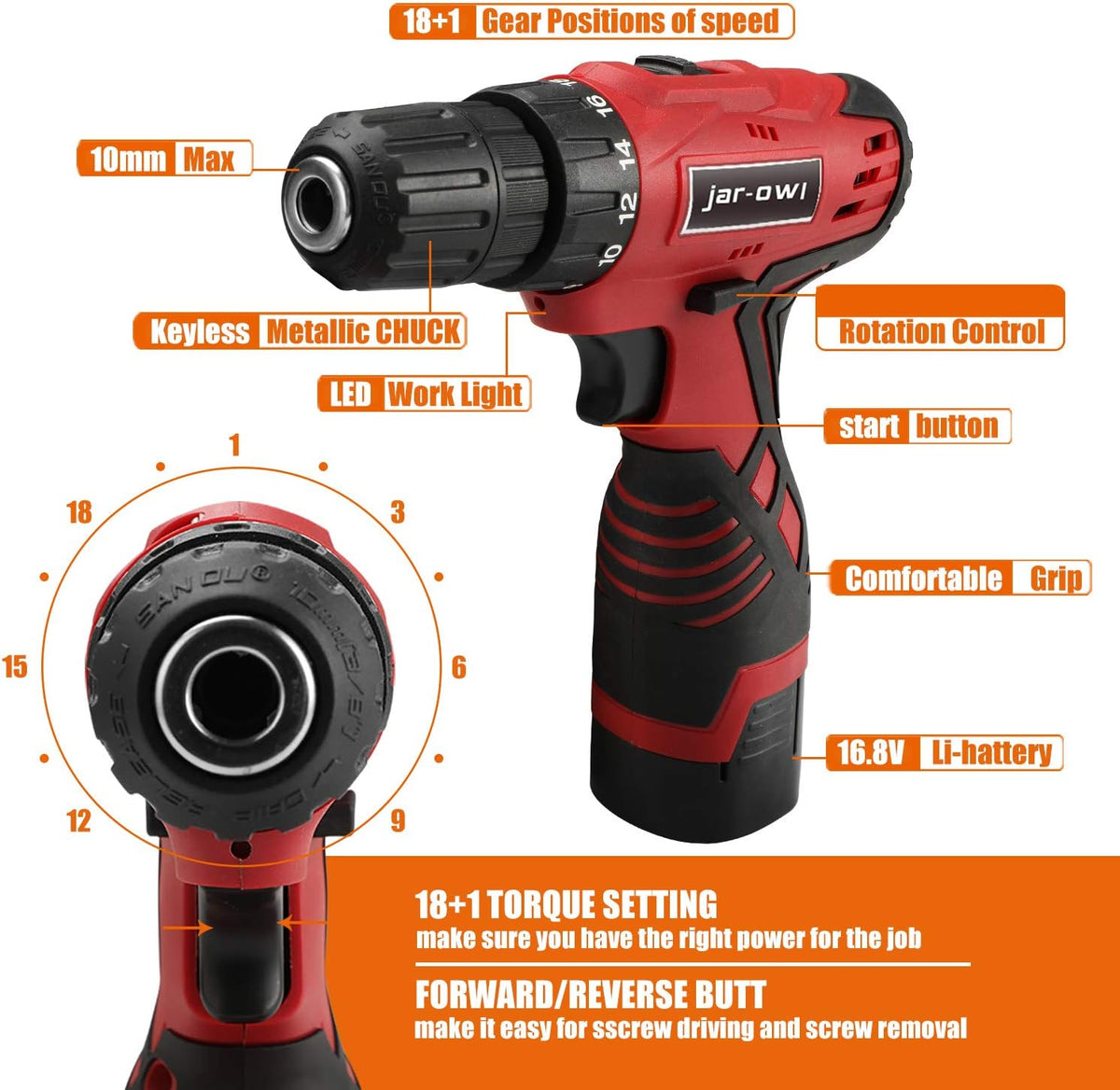 16.8V Cordless Drill Set with 2 Batteries and Toolbox Storage Case, 108 Piece V72345