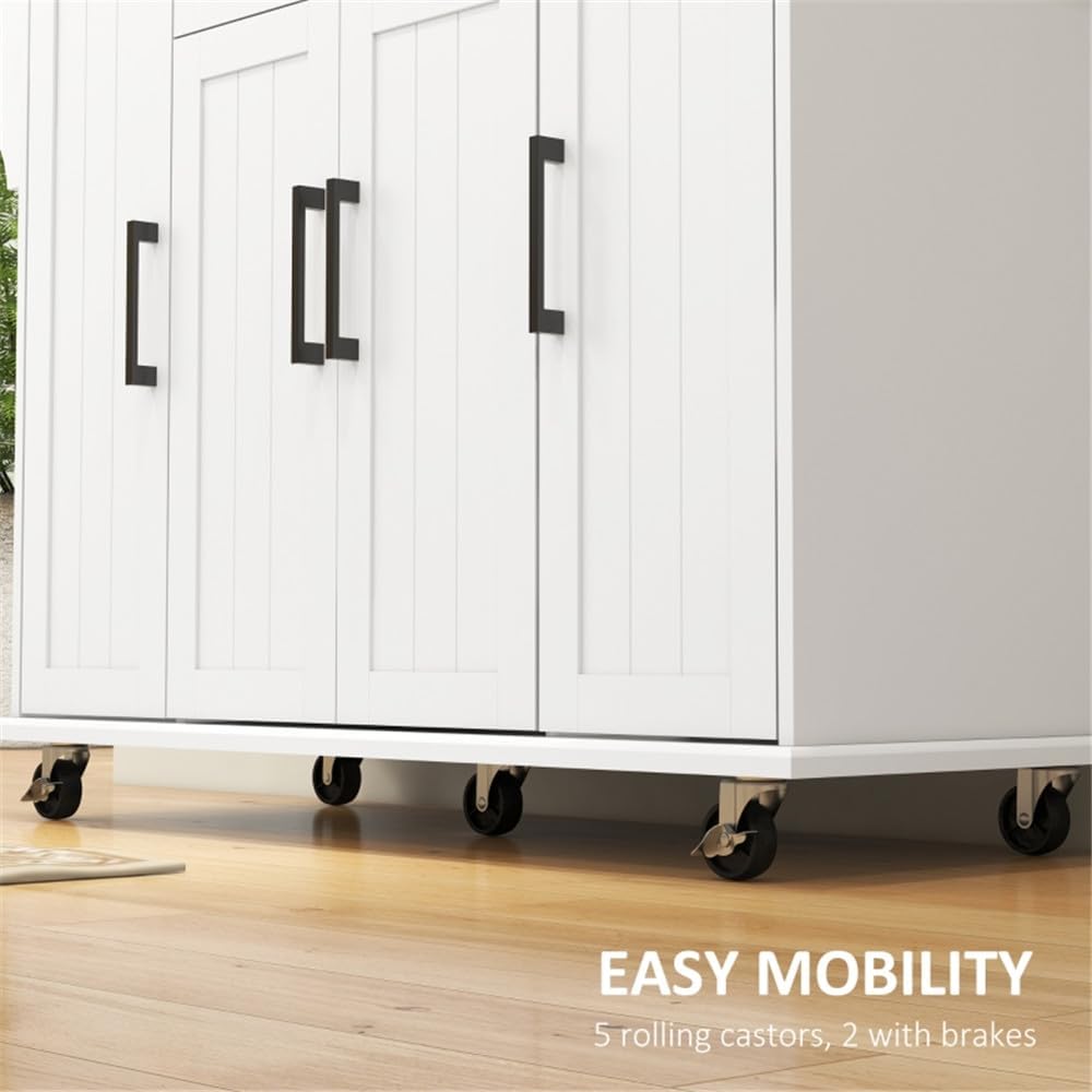 White Rolling Kitchen Island with Solid Wood Drop Leaf U50039