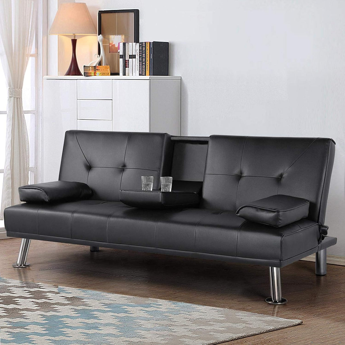 Black Faux Leather Futon Set Convertible Sleeper Loveseat Daybed I285963