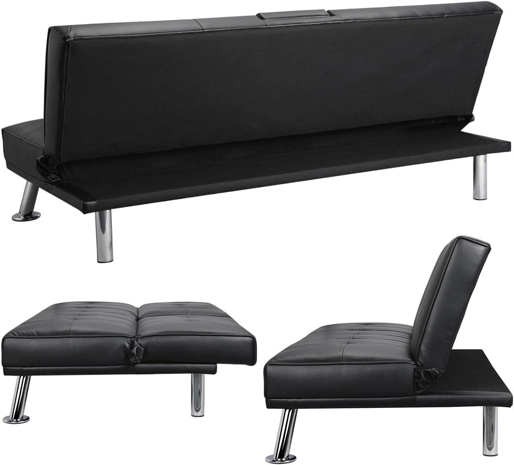 Black Faux Leather Futon Set Convertible Sleeper Loveseat Daybed I285963