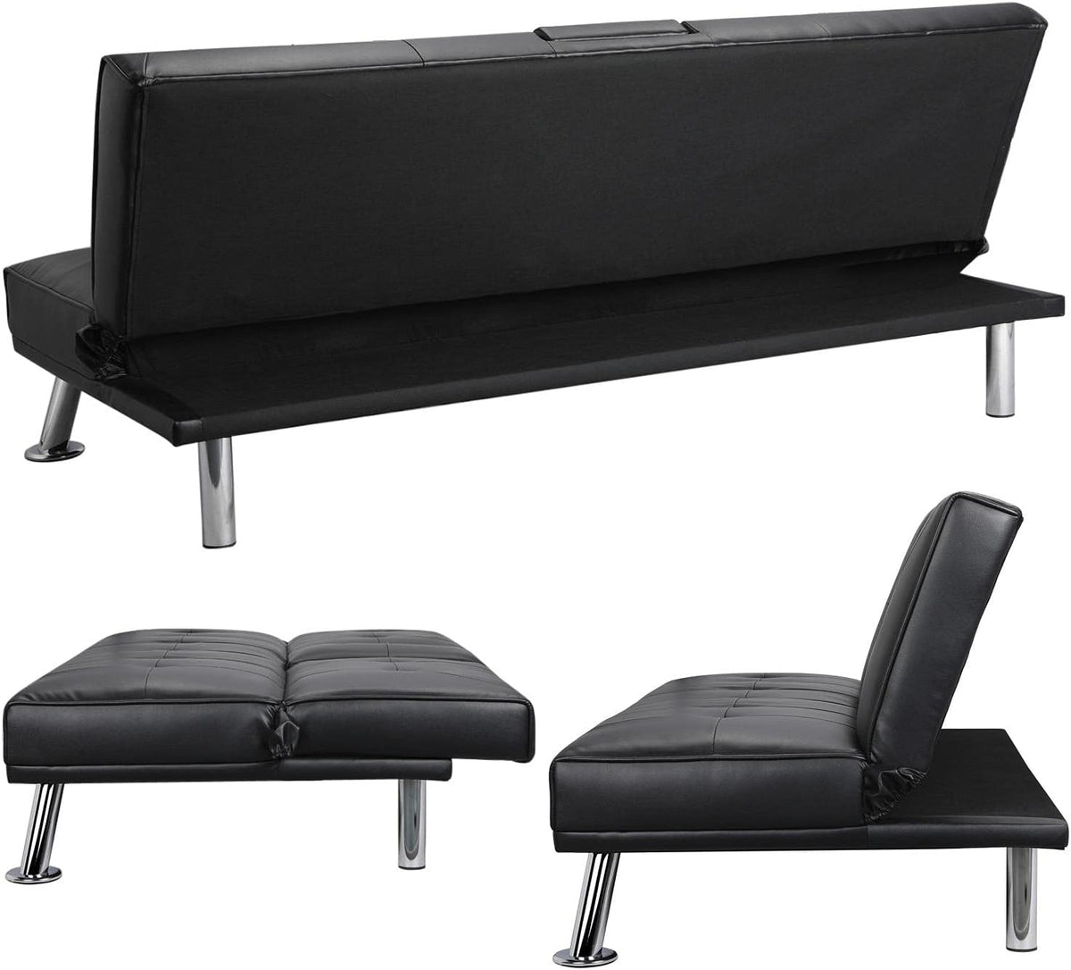 Black Faux Leather Futon Set Convertible Sleeper Loveseat Daybed I285963