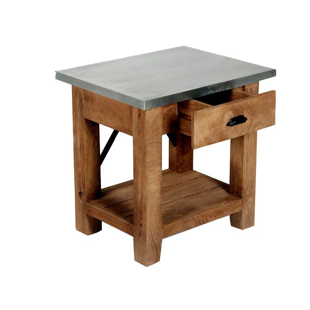 22" Wood and Zinc Metal End Table with Drawer I4385