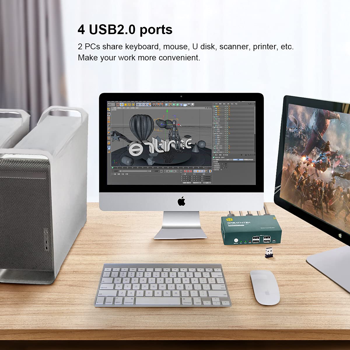 KVM Switch DP Displayport Dual Monitor 2 Port 4 USB 2.0 Hub 4K@60Hz G45173