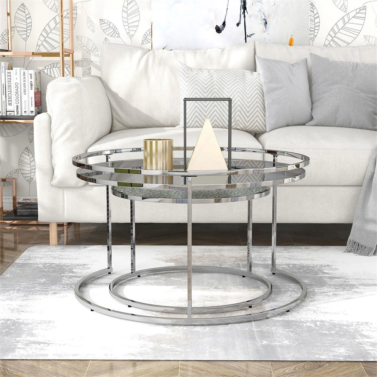 Gray Metal Glass Top 2-Piece Nesting Tables Set H5150