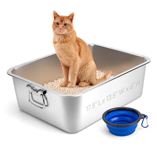 Stainless Steel Litter Box with Handle, 17.5" L x 13.5" W x 6" H, Non Stick Smooth Surface P488