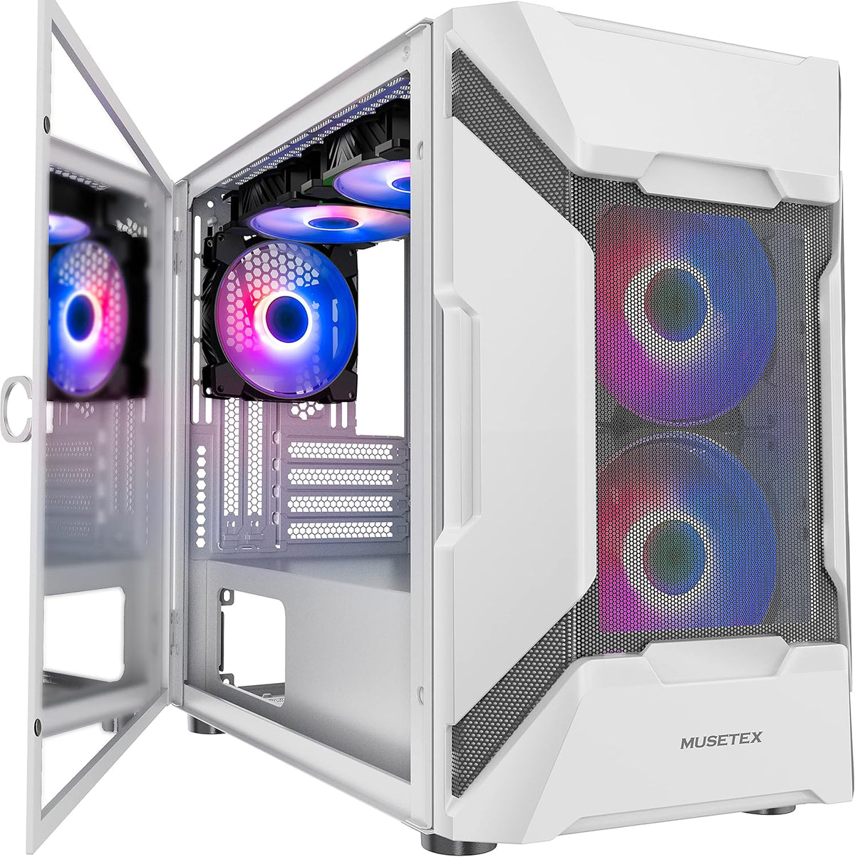 White Mesh Mid Tower PC Case with 5 ARGB Fans and Tempered Glass Panel A818