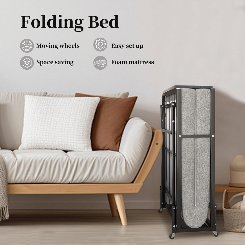 Folding Bed with 4-Inch Mattress, Metal Cot Size Rollaway Bed on Wheels V974384