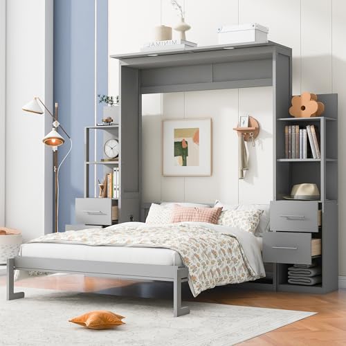 Gray Queen Size Wood Wall Bed with Shelves and Drawers T18941