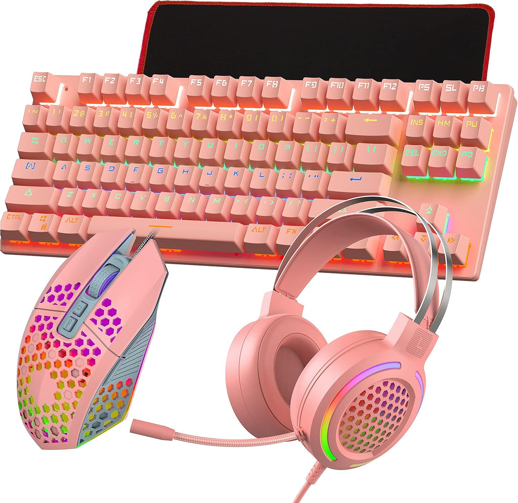Gaming Mechanical Keyboard and Mouse Headset Mousepad Combo, 4 in 1, RGB Backlit Green axis, Wired, 8000 DPI, USB 7.1 Surround Sound Headphone with Mic, Black, Pack of 2 U9581
